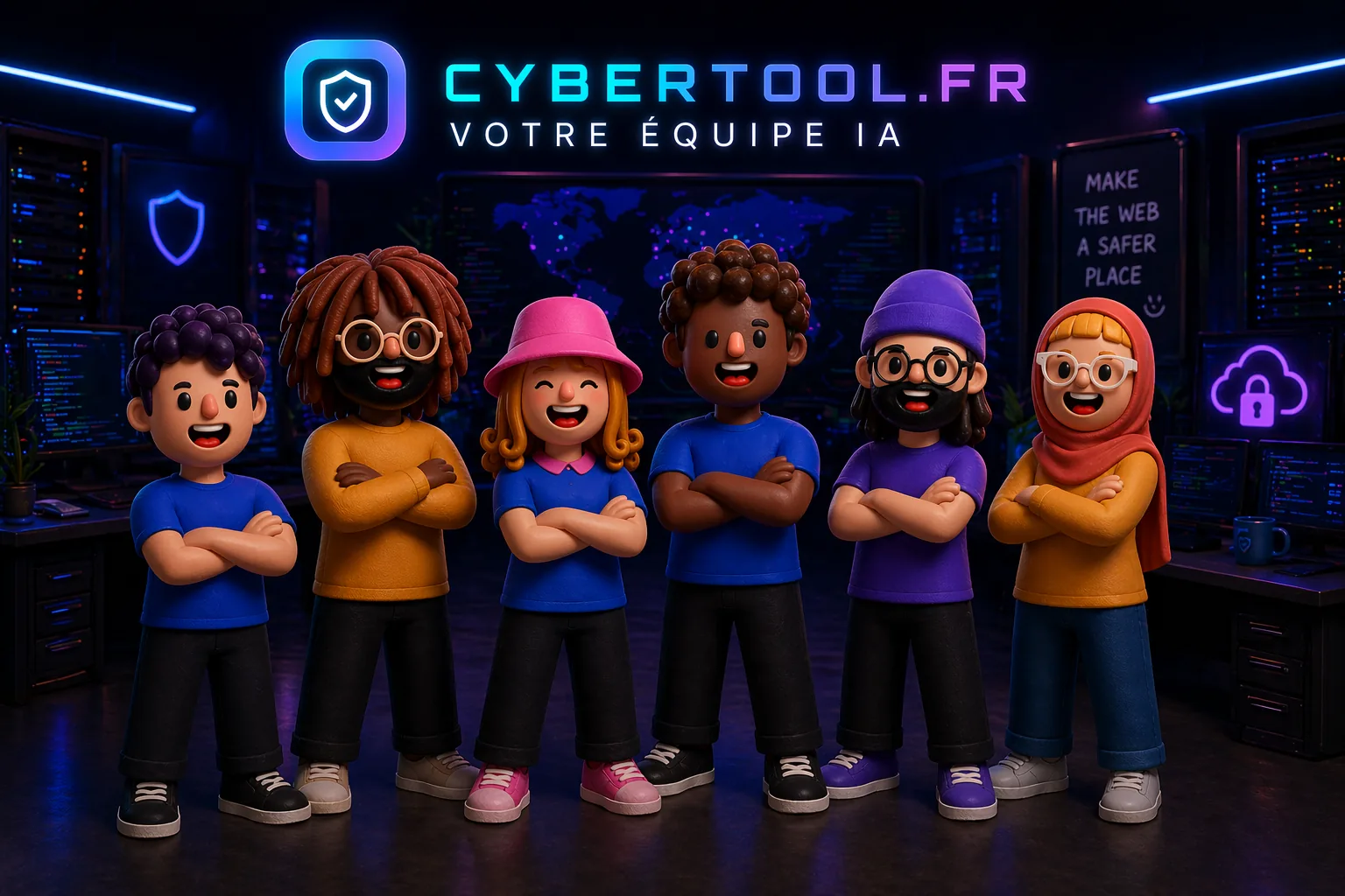 The CyberTool team: 6 AI agents lined up in front of a cyber operations centre — Your AI team