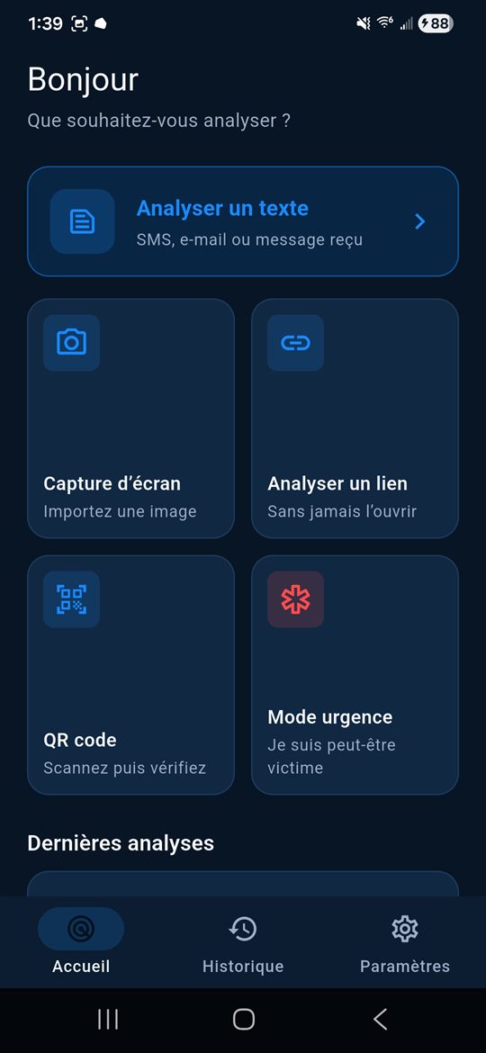 Écran d’accueil listant les modes d’analyse de ScamRadar