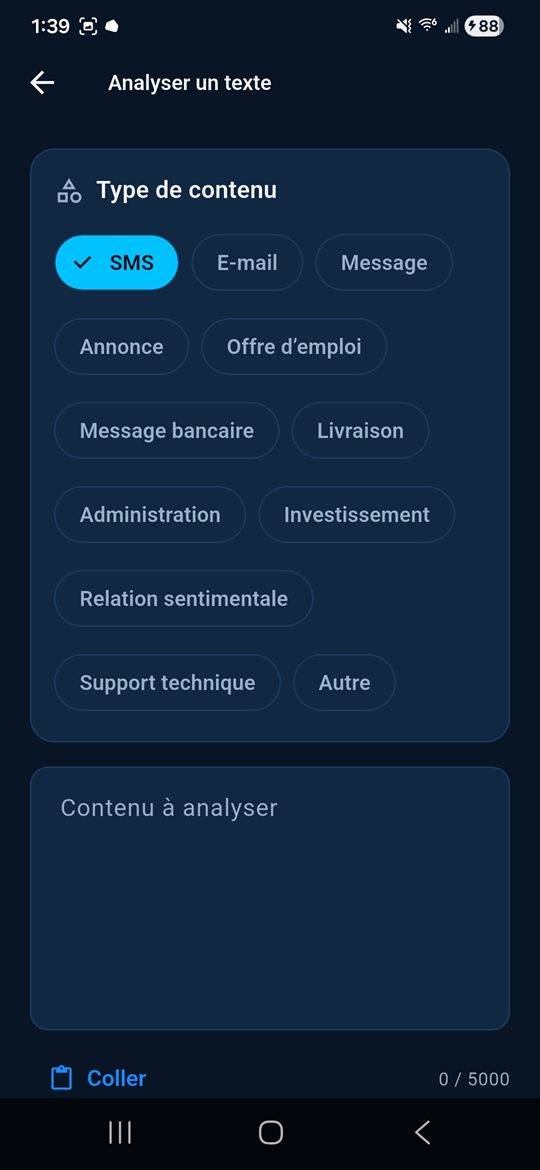 Écran d’analyse d’un texte avec le choix du type de contenu