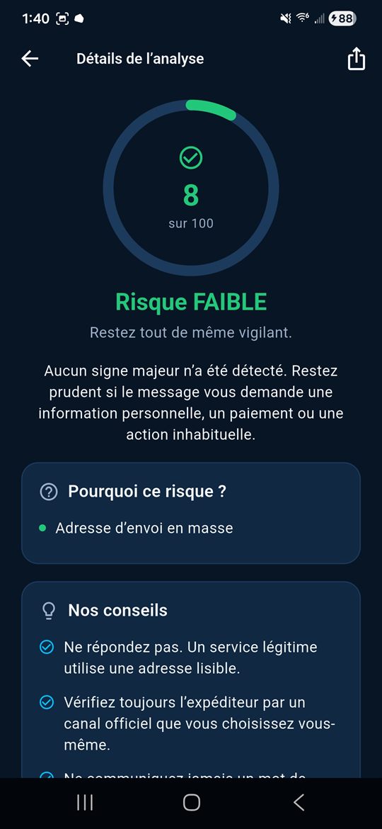 Résultat d’analyse ScamRadar affichant un risque faible de 8 sur 100