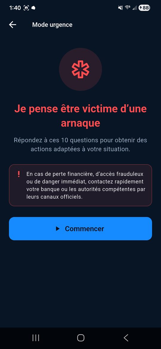 Mode urgence de ScamRadar pour les personnes déjà victimes